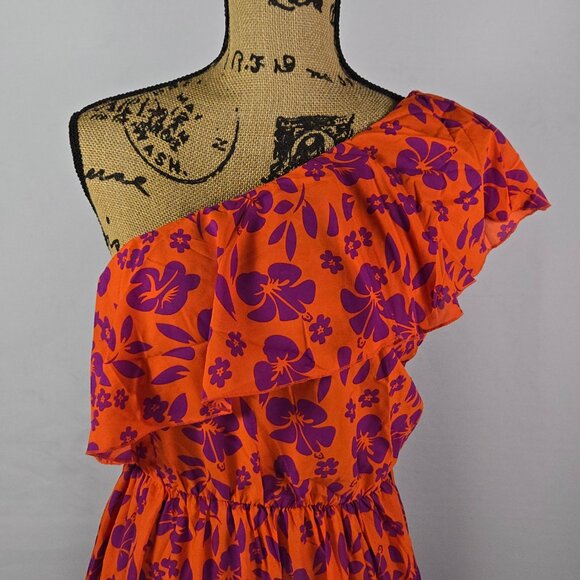 Orange Purple Floral‎ One Shoulder Maxi Dress S Tiered Ruffle Resort Vacation - Picture 9 of 9